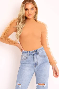 Rebellious Fashion Nude Mesh High Neck Frill Sleeve Bodysuit - Carla