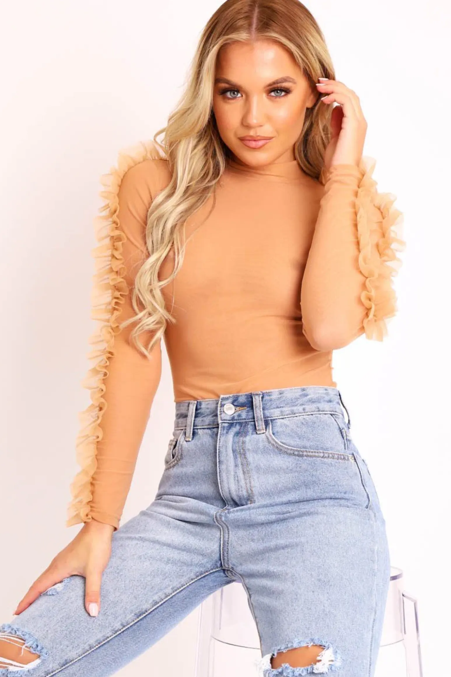Rebellious Fashion Nude Mesh High Neck Frill Sleeve Bodysuit - Carla