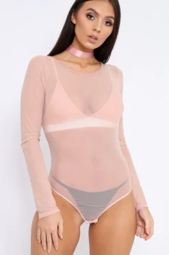 Rebellious Fashion Nude Mesh Long Sleeved Bodysuit - Alesa
