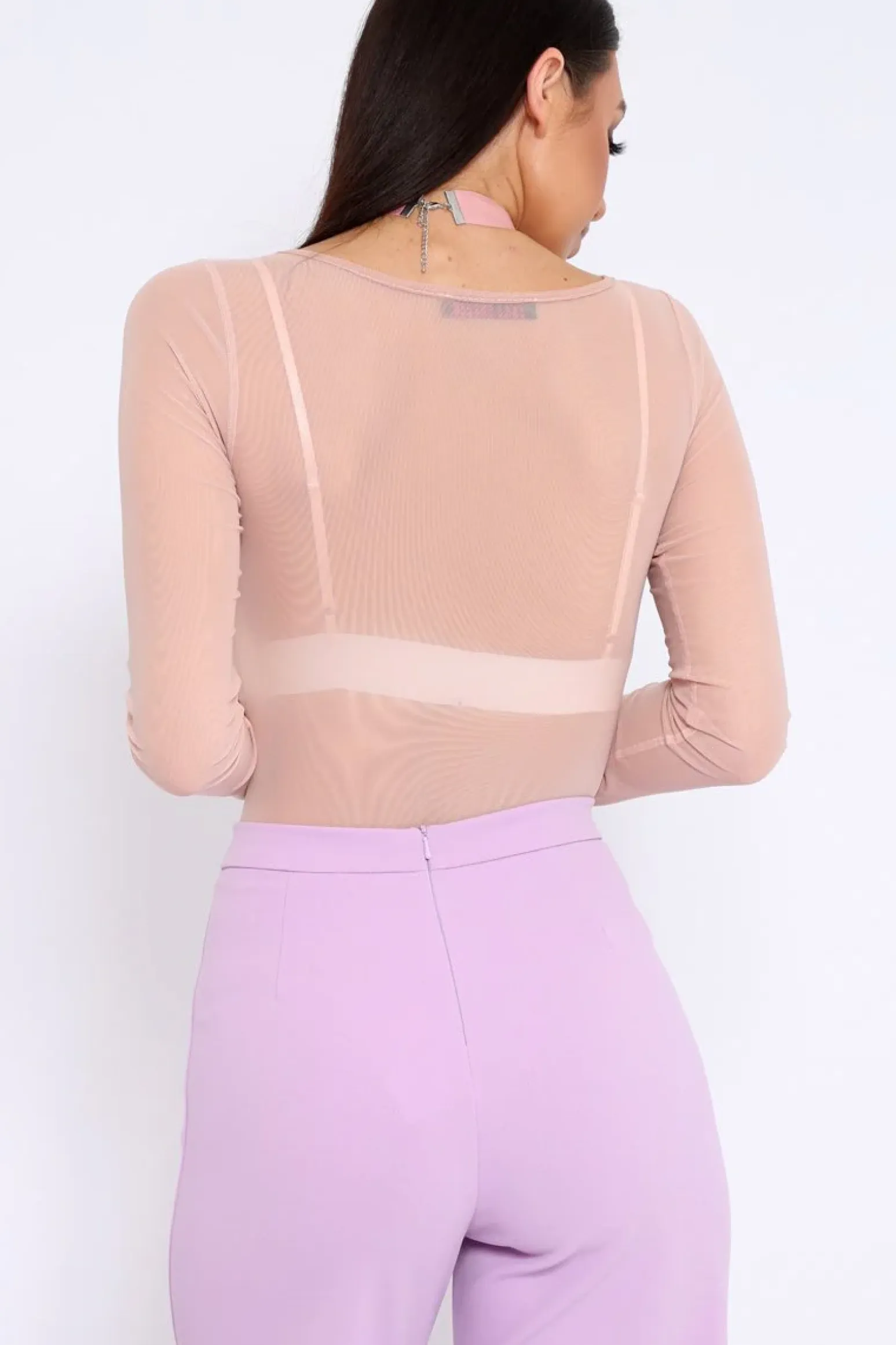 Rebellious Fashion Nude Mesh Long Sleeved Bodysuit - Alesa