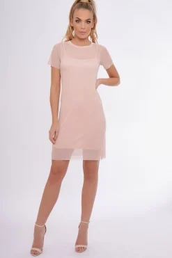Rebellious Fashion Nude Mesh Overlay T-Shirt Dress - Selena
