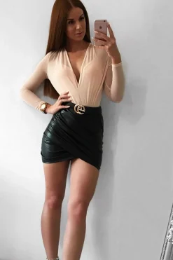 Rebellious Fashion Nude Mesh Plunge Front Bodysuit - Eyra