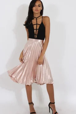 Rebellious Fashion Nude Metallic Pleated Midi Skirt - Vera