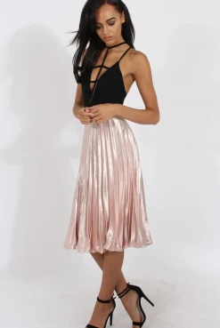Rebellious Fashion Nude Metallic Pleated Midi Skirt - Vera