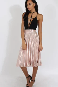 Rebellious Fashion Nude Metallic Pleated Midi Skirt - Vera