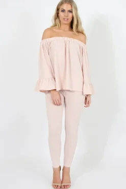 Rebellious Fashion Nude Off The Shoulder Co-ord Set - Lydia