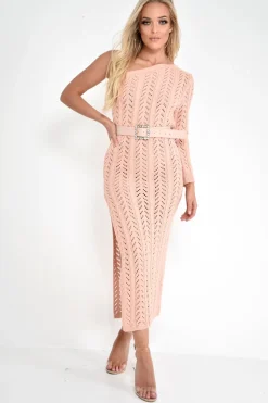 Rebellious Fashion Nude One Shoulder Open Knit Maxi Dress - Dierra