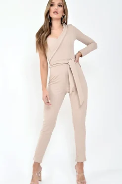 Rebellious Fashion Nude One Shoulder Wrap Front Belted Jumpsuit - Henya