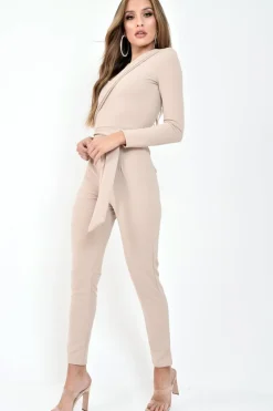 Rebellious Fashion Nude One Shoulder Wrap Front Belted Jumpsuit - Henya