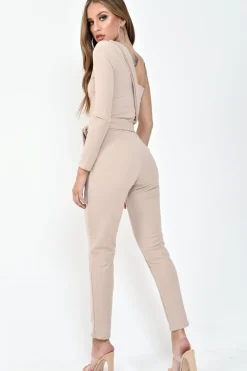 Rebellious Fashion Nude One Shoulder Wrap Front Belted Jumpsuit - Henya