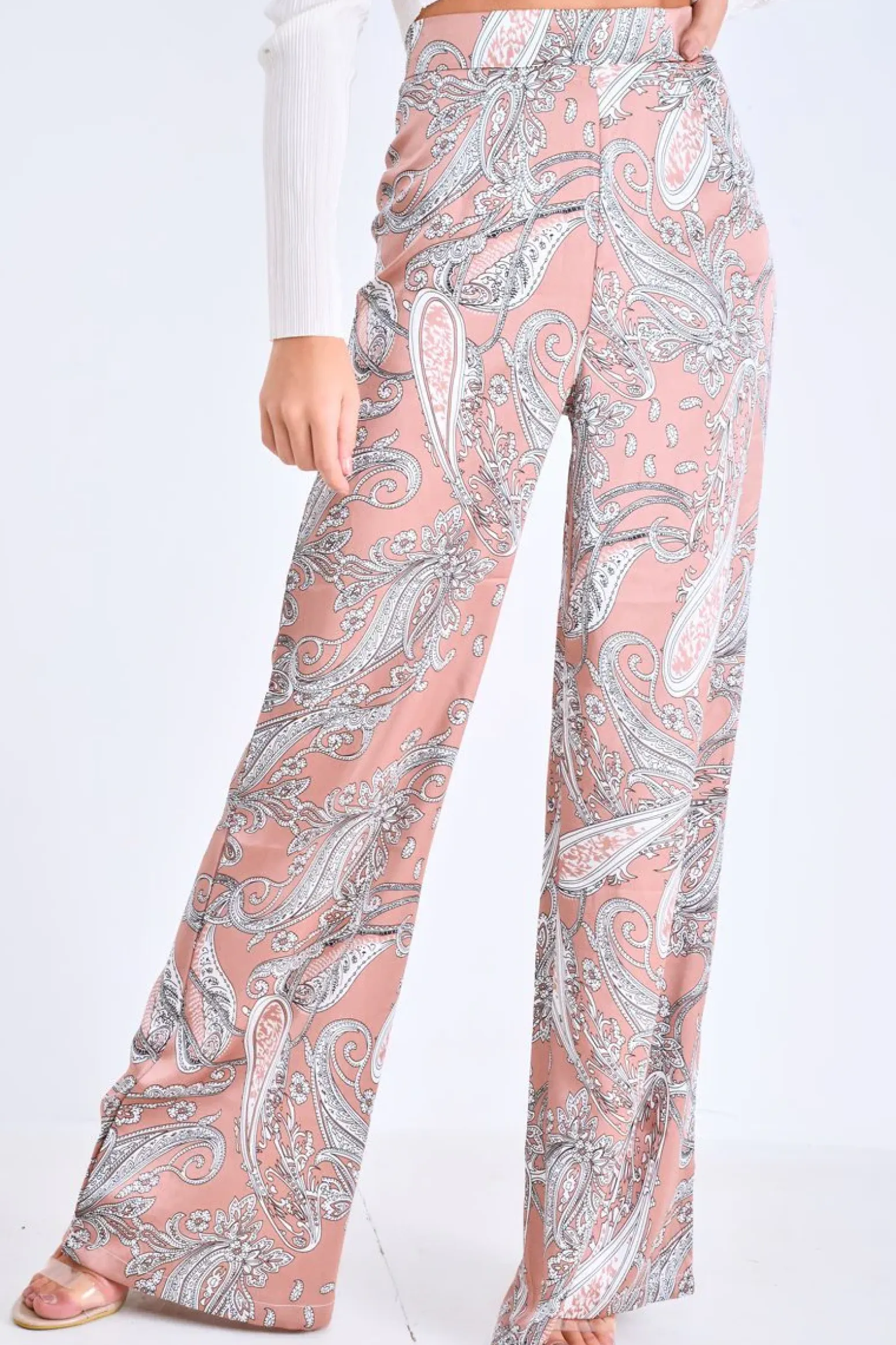 Rebellious Fashion Nude Paisley Wide Leg Trousers - Tisha