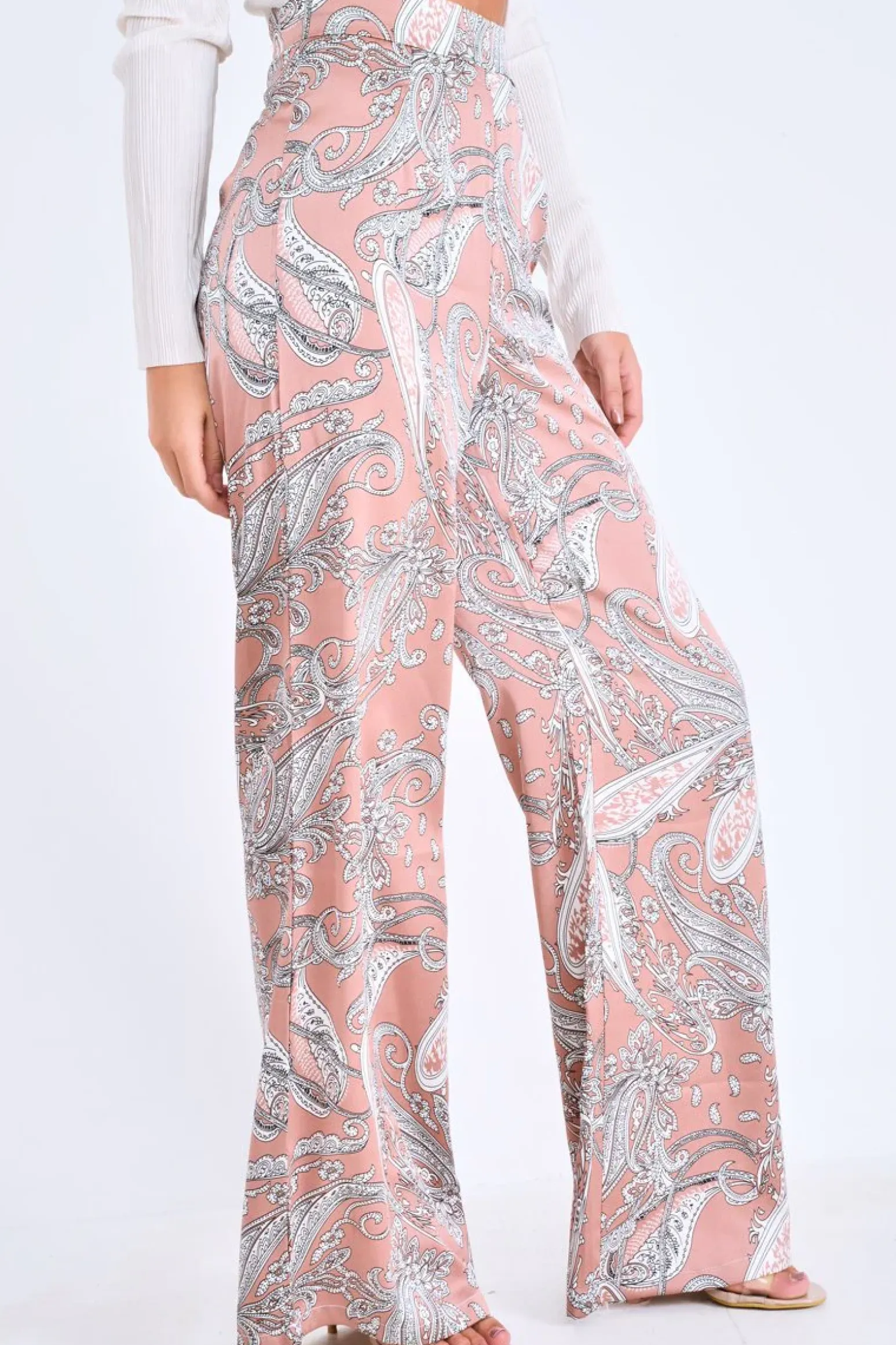 Rebellious Fashion Nude Paisley Wide Leg Trousers - Tisha