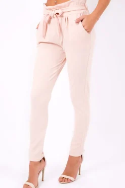 Rebellious Fashion Nude Paper Bag Tie Waist Cigarette Trousers - Karmen