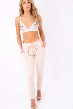 Rebellious Fashion Nude Paper Bag Tie Waist Cigarette Trousers - Karmen
