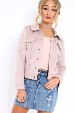 Rebellious Fashion Nude Pearl Suedette Jacket - Abbey