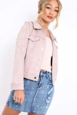 Rebellious Fashion Nude Pearl Suedette Jacket - Abbey