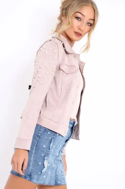 Rebellious Fashion Nude Pearl Suedette Jacket - Abbey