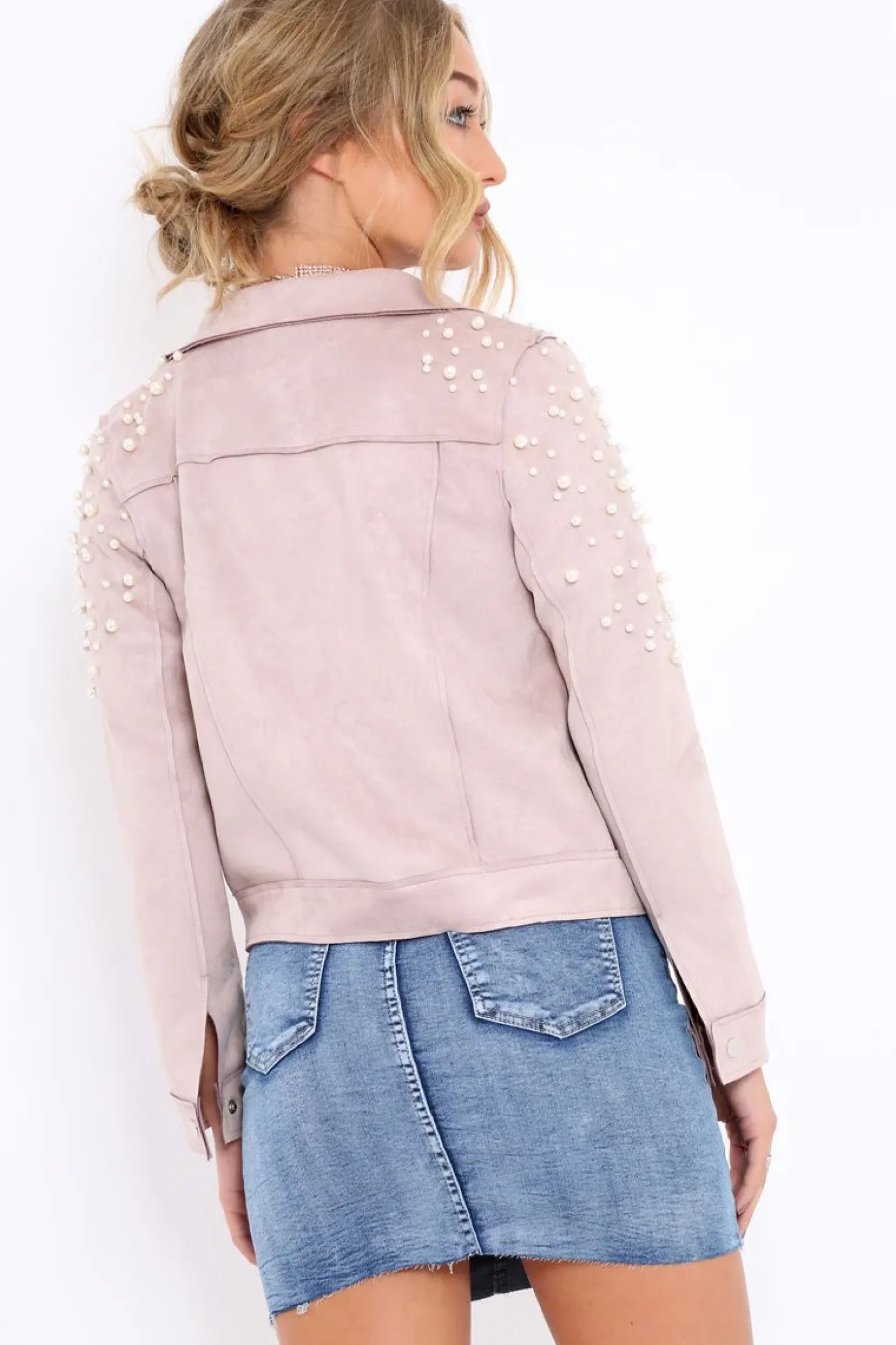 Rebellious Fashion Nude Pearl Suedette Jacket - Abbey