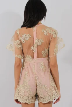 Rebellious Fashion Nude Pink & Gold Embellished Playsuit- Arizona