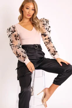 Rebellious Fashion Nude Plunge Black Floral Sheer Puff Sleeves Bodysuit - Zoiey