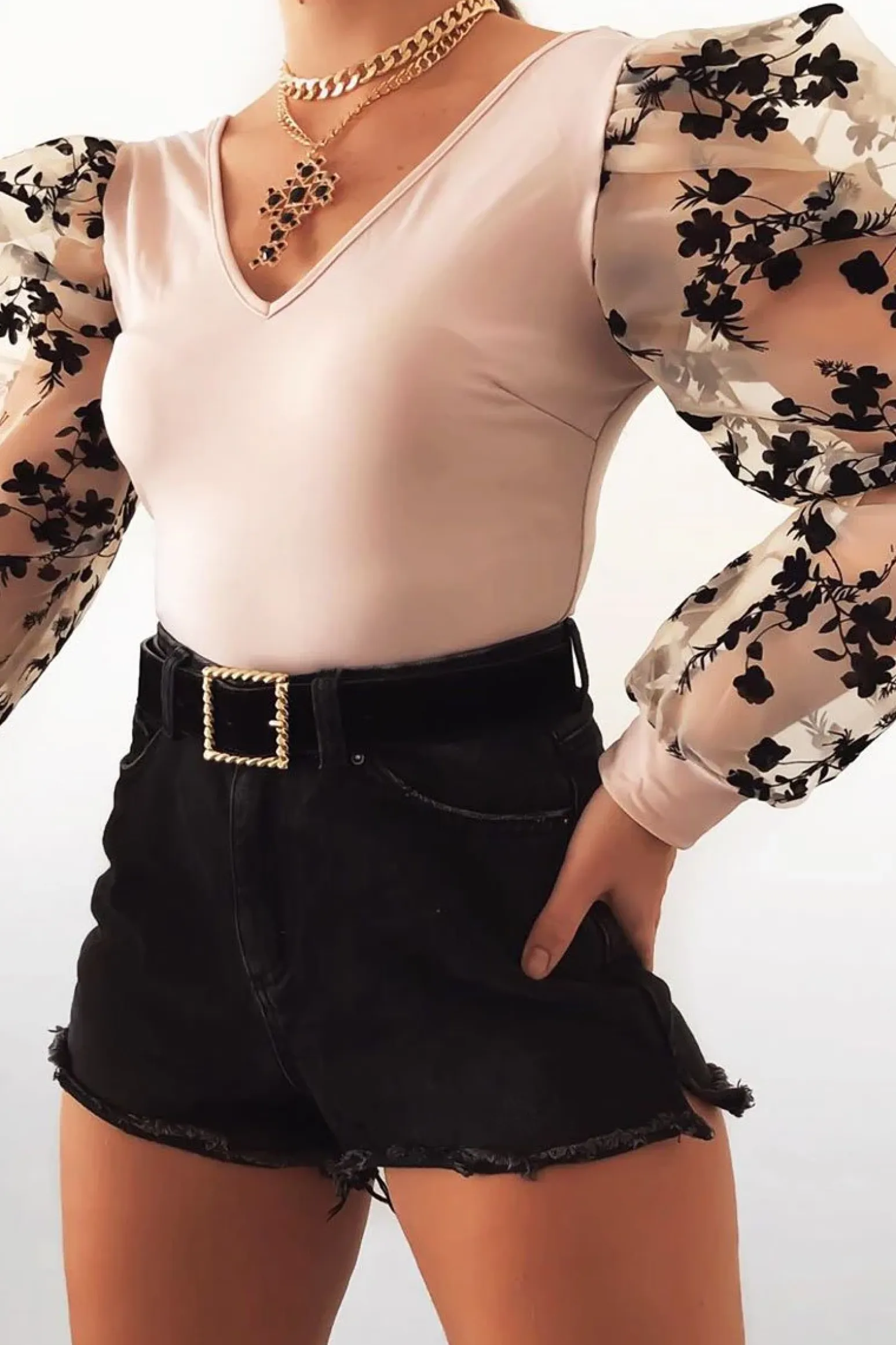 Rebellious Fashion Nude Plunge Black Floral Sheer Puff Sleeves Bodysuit - Zoiey