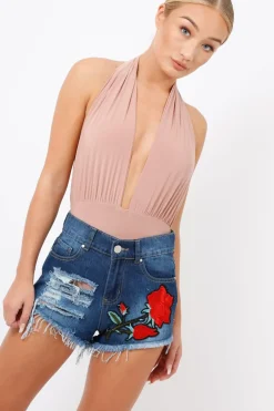 Rebellious Fashion Nude Plunge Halterneck Bodysuit - Lona