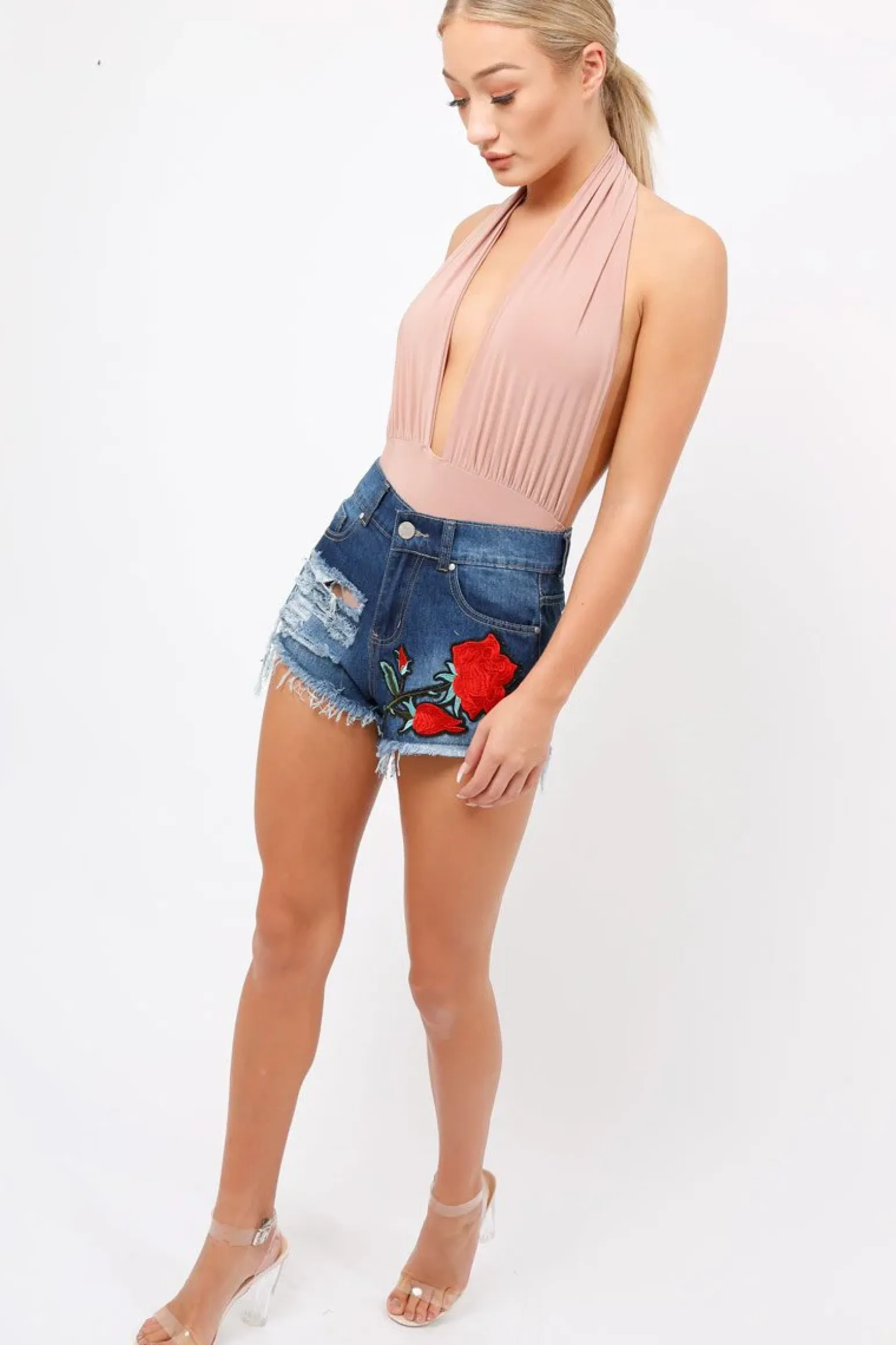 Rebellious Fashion Nude Plunge Halterneck Bodysuit - Lona