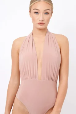 Rebellious Fashion Nude Plunge Halterneck Bodysuit - Lona