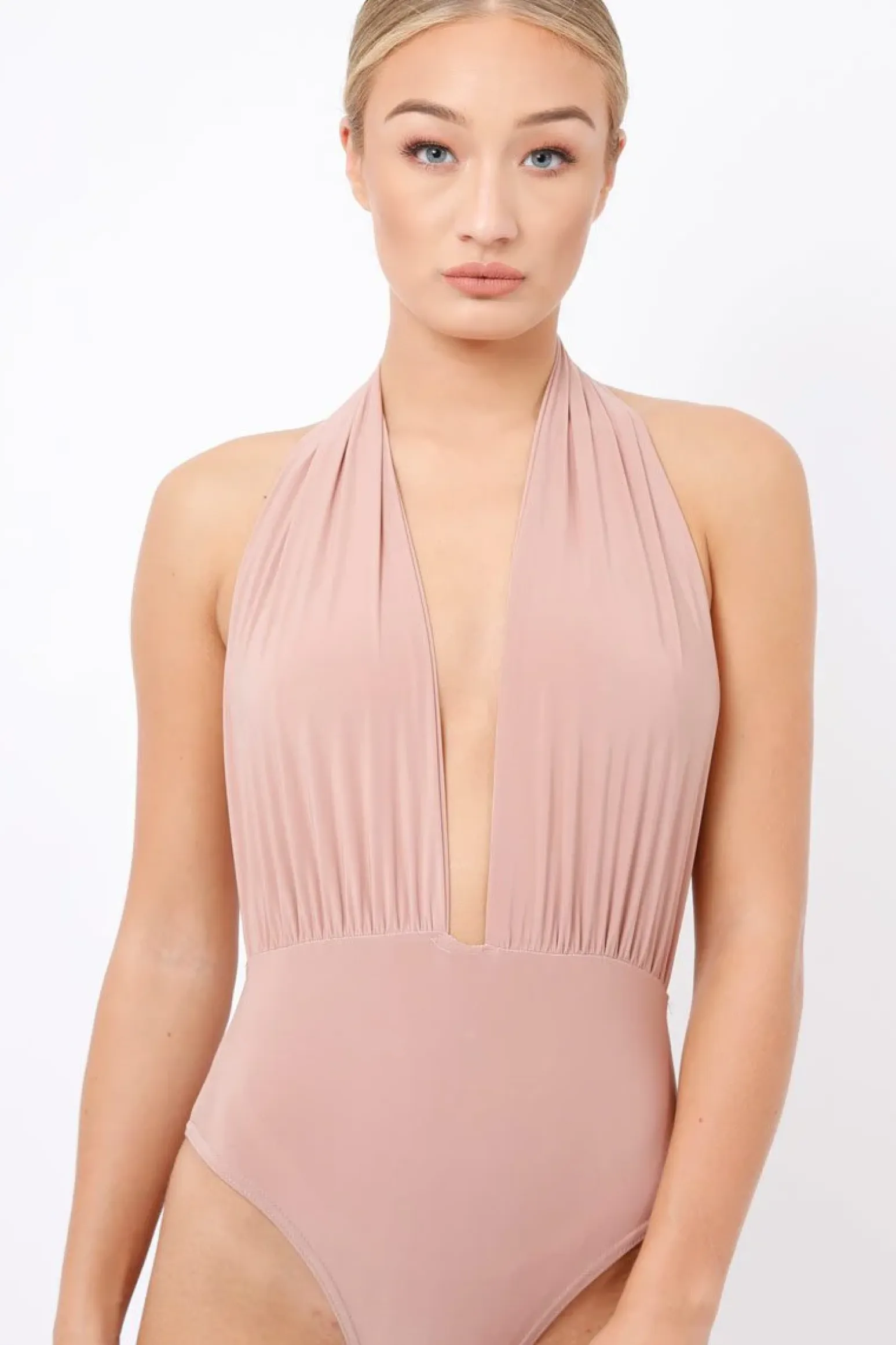 Rebellious Fashion Nude Plunge Halterneck Bodysuit - Lona
