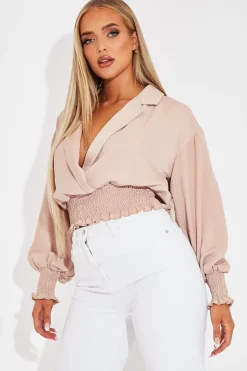 Rebellious Fashion Nude Plunge Shirred Waist Top - Ciera