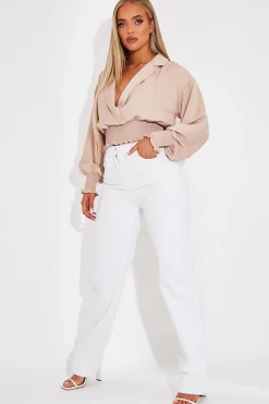 Rebellious Fashion Nude Plunge Shirred Waist Top - Ciera