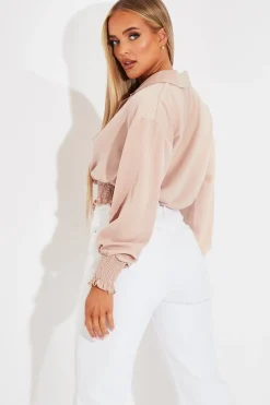 Rebellious Fashion Nude Plunge Shirred Waist Top - Ciera
