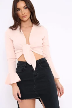 Rebellious Fashion Nude Plunge Tie Front Flare Sleeve Crop Top - Aimi