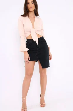 Rebellious Fashion Nude Plunge Tie Front Flare Sleeve Crop Top - Aimi