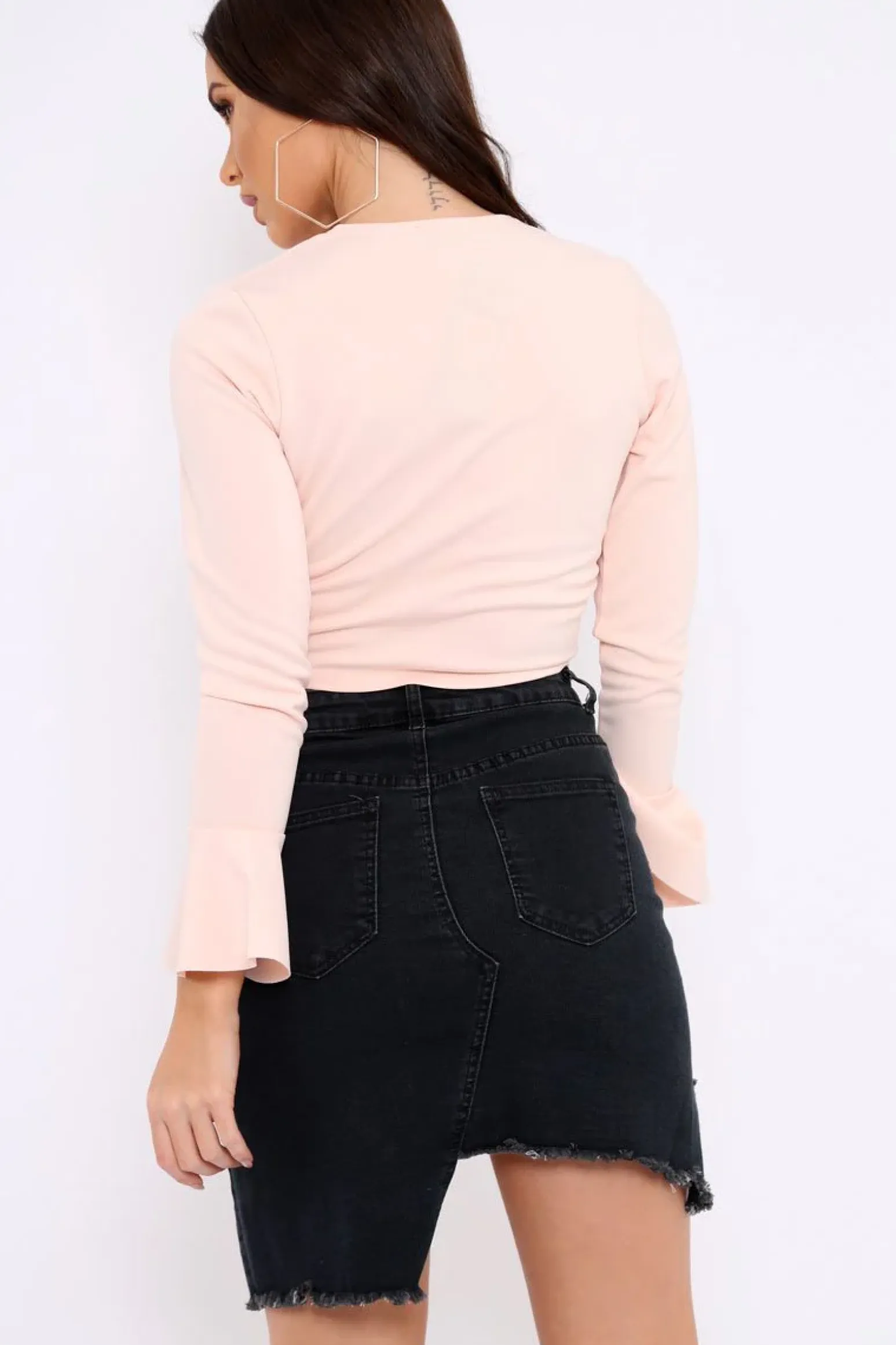 Rebellious Fashion Nude Plunge Tie Front Flare Sleeve Crop Top - Aimi