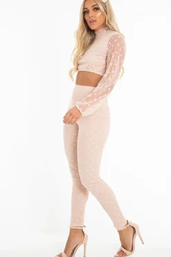Rebellious Fashion Nude Polka Dot Mesh Crop Top Leggings Co-Ord - Sofia