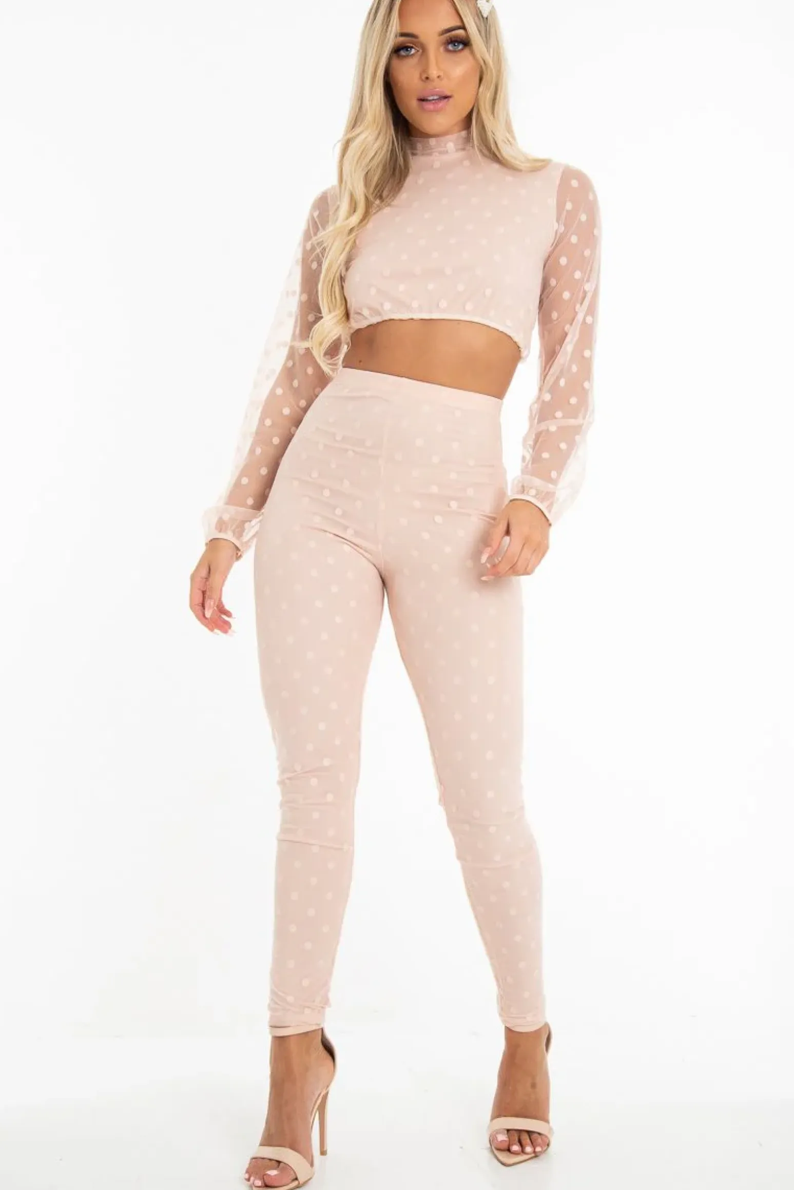 Rebellious Fashion Nude Polka Dot Mesh Crop Top Leggings Co-Ord - Sofia