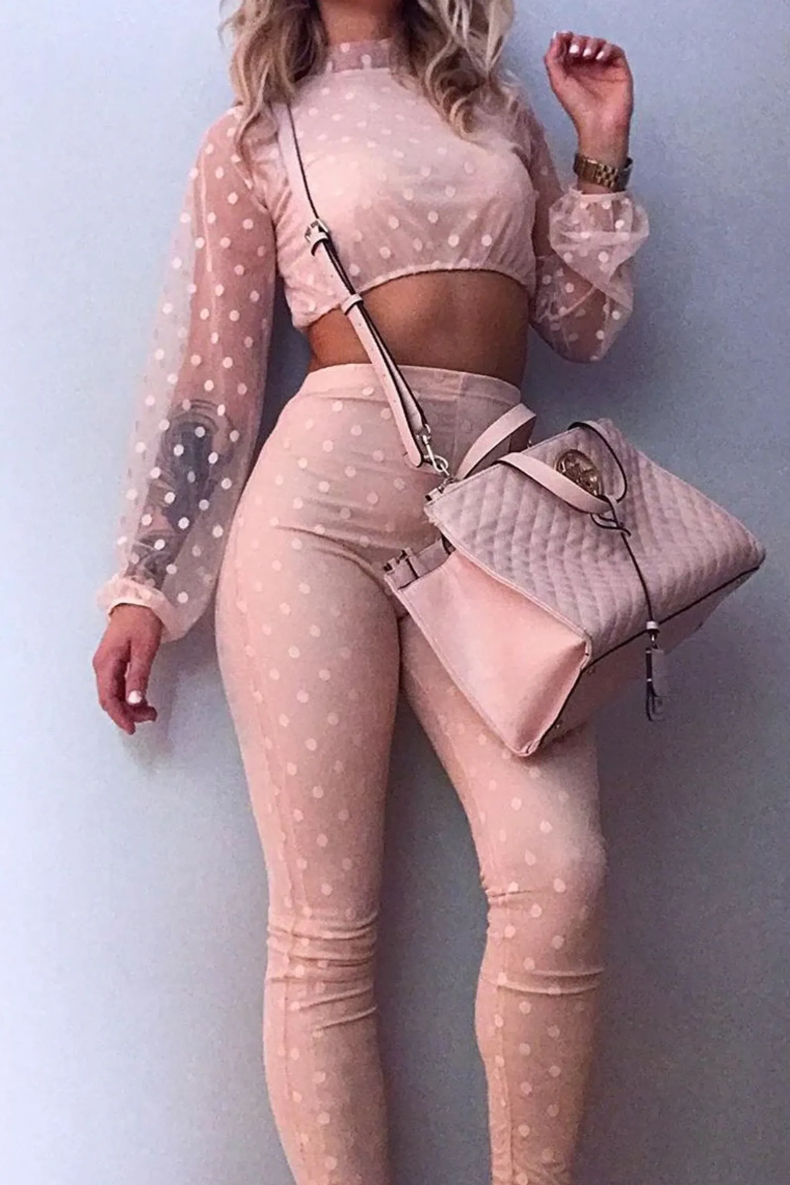 Rebellious Fashion Nude Polka Dot Mesh Crop Top Leggings Co-Ord - Sofia