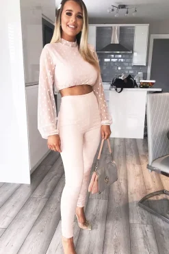 Rebellious Fashion Nude Polka Dot Mesh Crop Top Leggings Co-Ord - Sofia