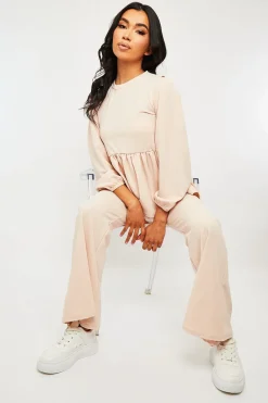 Rebellious Fashion Nude Puff Sleeve Top + Wide Leg Trouser Co-ord - Demri