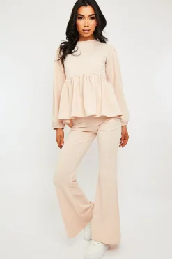 Rebellious Fashion Nude Puff Sleeve Top + Wide Leg Trouser Co-ord - Demri