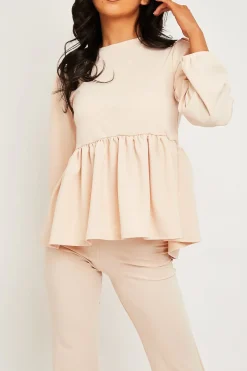 Rebellious Fashion Nude Puff Sleeve Top + Wide Leg Trouser Co-ord - Demri