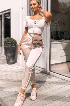Rebellious Fashion Nude Reflective Stripe Detail Joggers - Rosealee