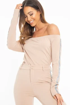 Rebellious Fashion Nude Reflective Stripe Side Bardot Crop Top - Reece