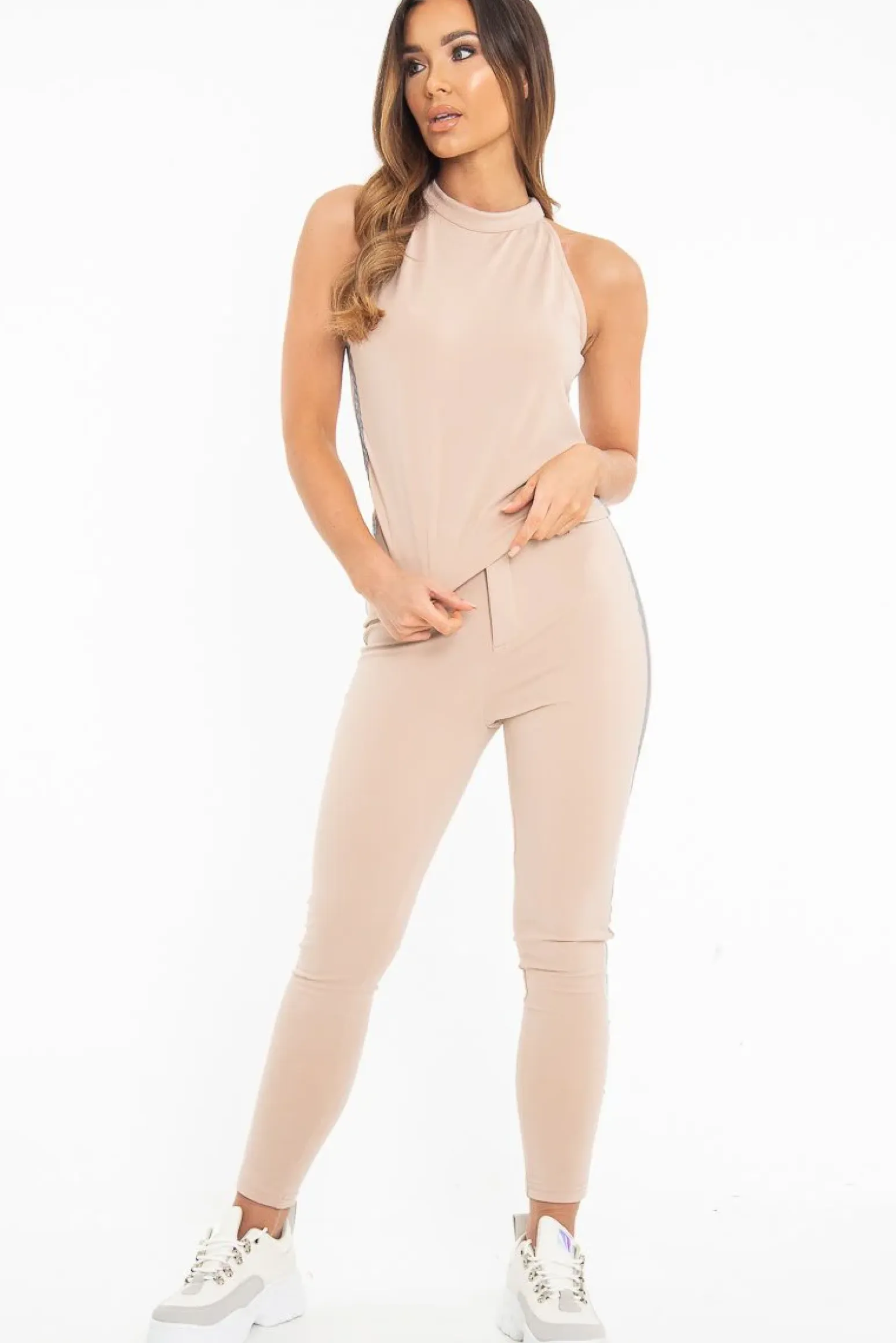 Rebellious Fashion Nude Reflective Stripe Side High Neck Crop Top - Rebekah
