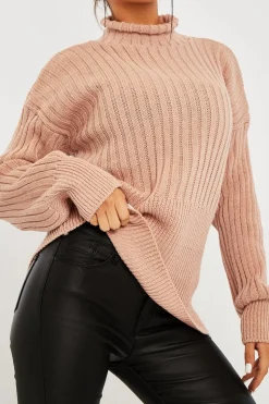 Rebellious Fashion Nude Ribbed Balloon Sleeve Jumper - Jamora