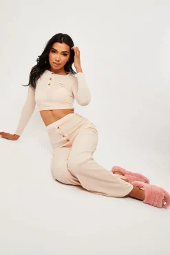 Rebellious Fashion Nude Ribbed Button Front Top + Trouser Co-ord - Emani