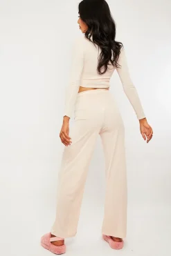 Rebellious Fashion Nude Ribbed Button Front Top + Trouser Co-ord - Emani