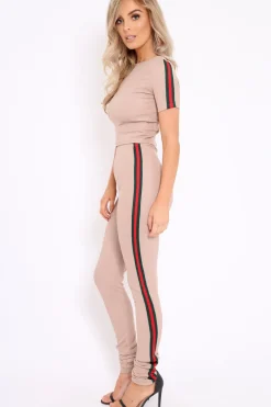 Rebellious Fashion Nude Ribbed Co ord with Striped Sports Trim Detail - Zinaya