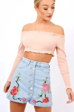 Rebellious Fashion Nude Ribbed Frill Bardot Crop Top - Cassidy